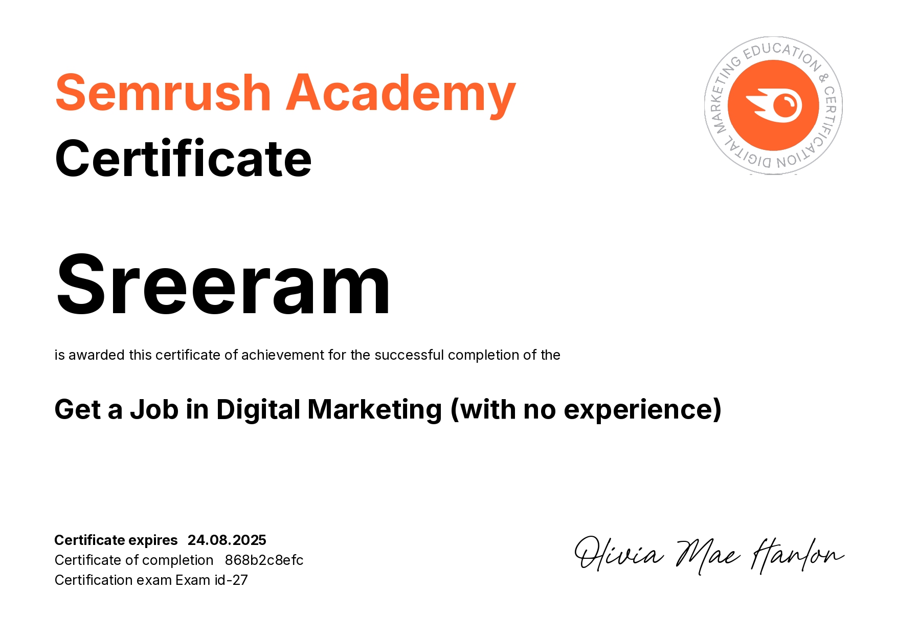 semrush certificate