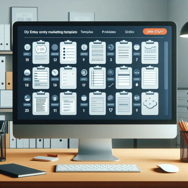 Digital Marketing Worksheet showcasing various editable templates on a computer screen