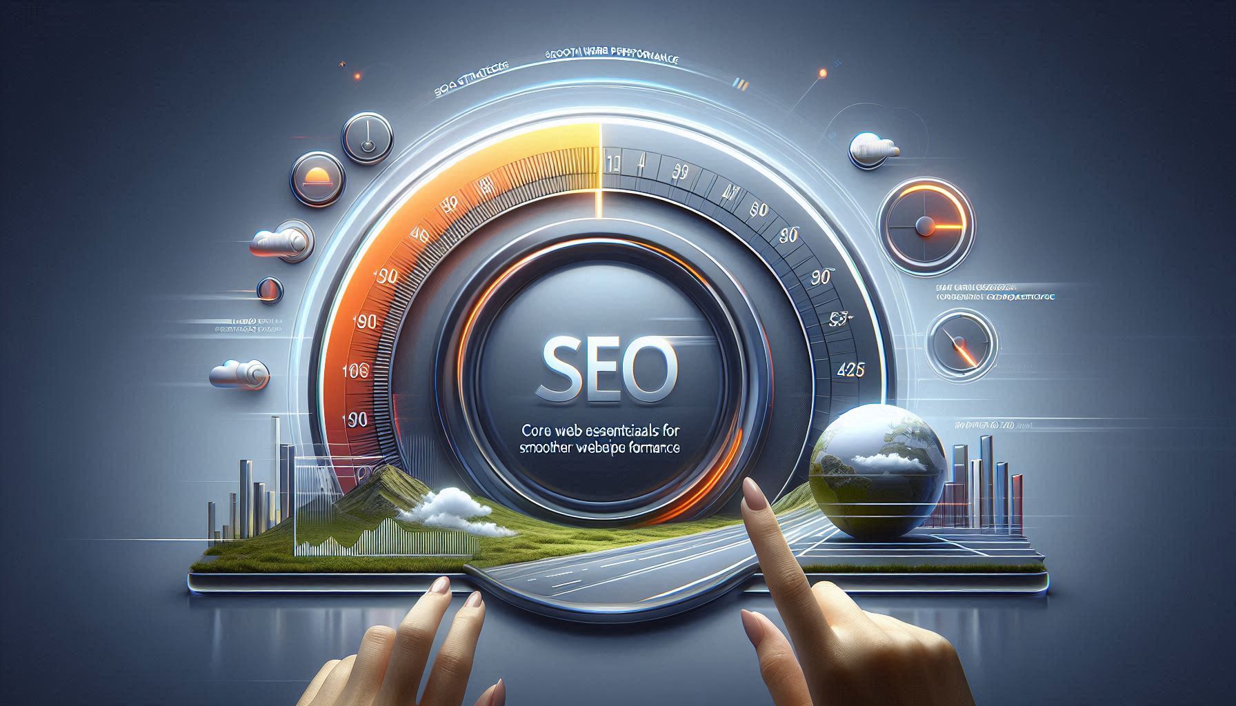 image representing Core Web Essentials for Smoother Website Performance with speed meters, loading bars, and SEO Strategies 2025, symbolizing efficient website functionality and optimization